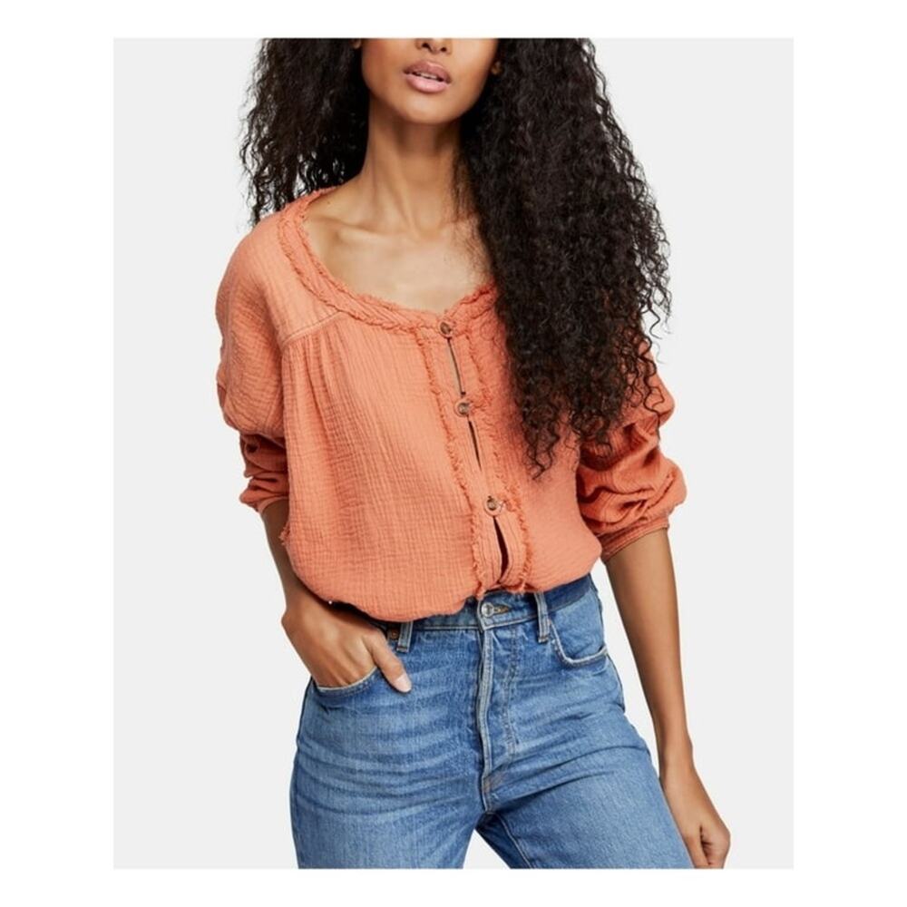 Free People Moving Mountains Peachy Orange Button Down Blouse Size Medium